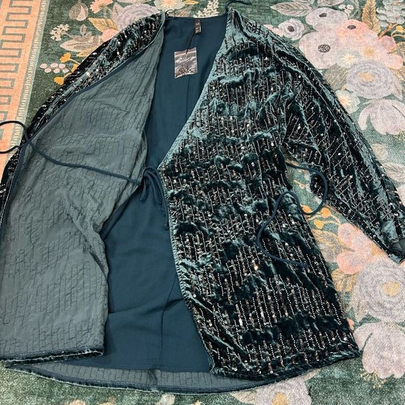 ZARA Trf Collection Velvet Beaded Wrap Mini Dress Turquoise Blue Party Formal S - Picture 9 of 13